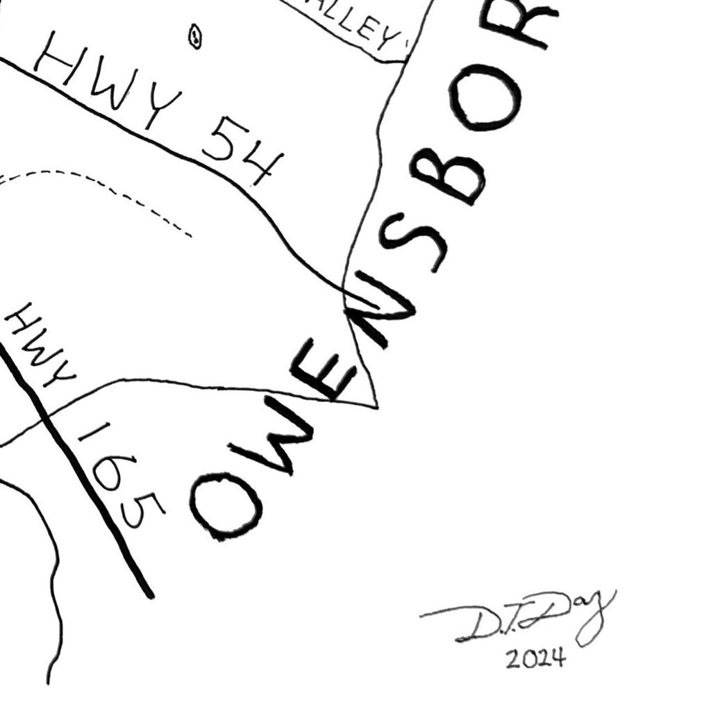 Closeup of artist Dexter Day signature on hand-drawn Owensboro Kentucky map showing detailed pencil and ink linework