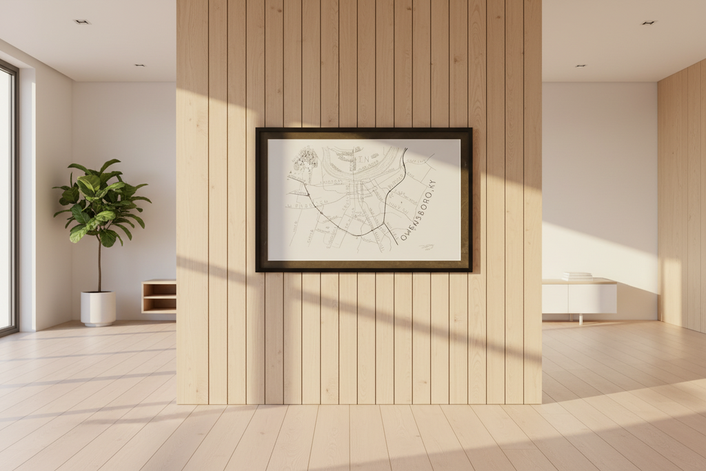 Framed Owensboro Kentucky map artwork by Dexter Day displayed in an elegant living room interior setting