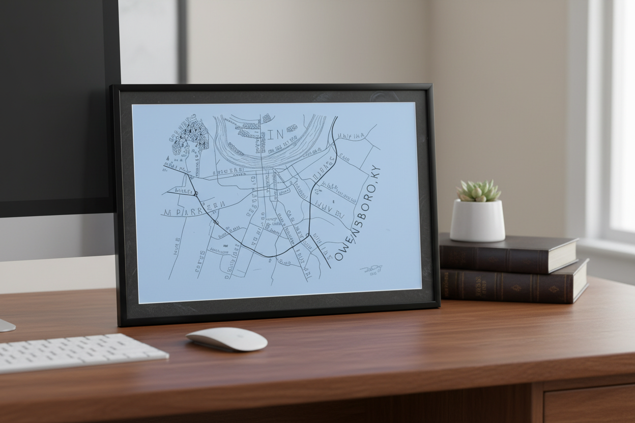 Framed Owensboro Kentucky map artwork by Dexter Day displayed on a desk in a modern workspace setting