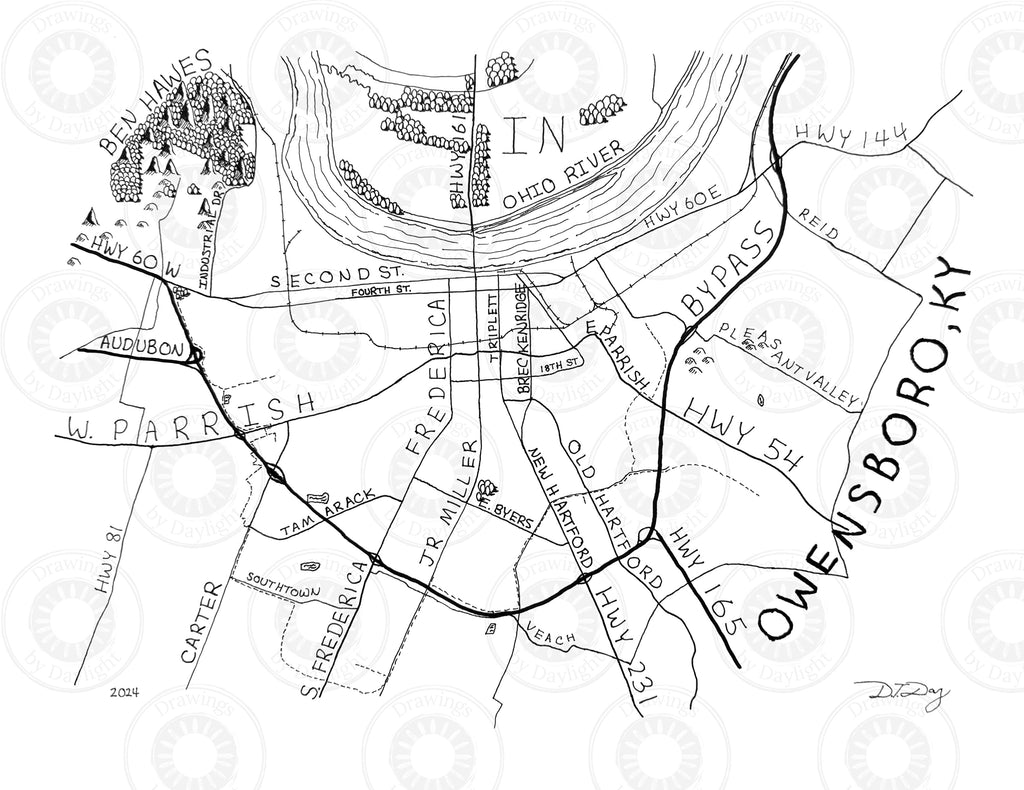 Hand-drawn Owensboro Kentucky map illustration by artist Dexter Day in a story-inspired sketch style featuring the Ohio River and major roads