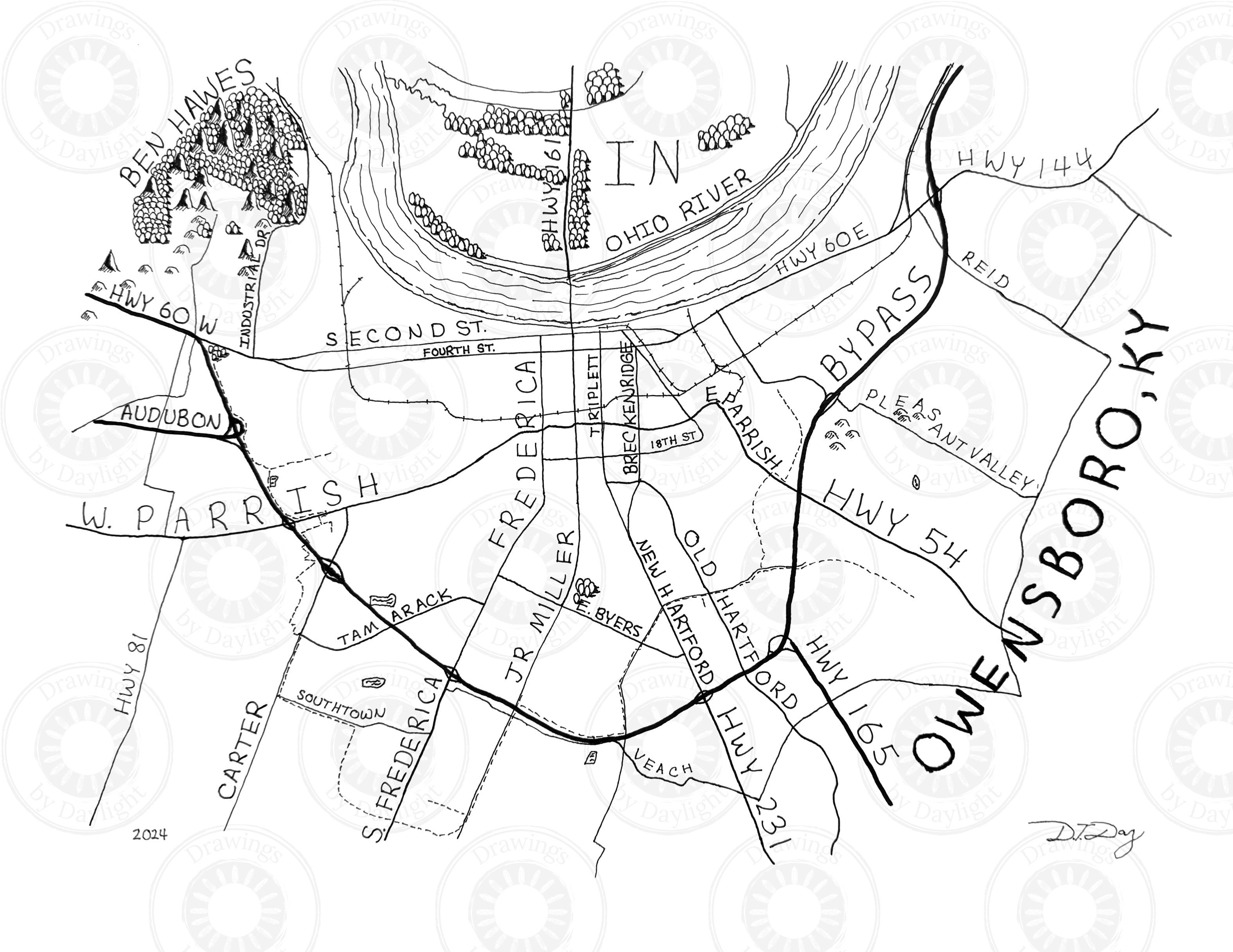Hand-drawn Owensboro Kentucky map illustration by artist Dexter Day in a story-inspired sketch style featuring the Ohio River and major roads