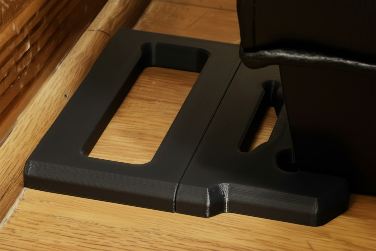 NoScoot furniture spacers closeup placed against baseboard to stop furniture from sliding into wall on hardwood floor