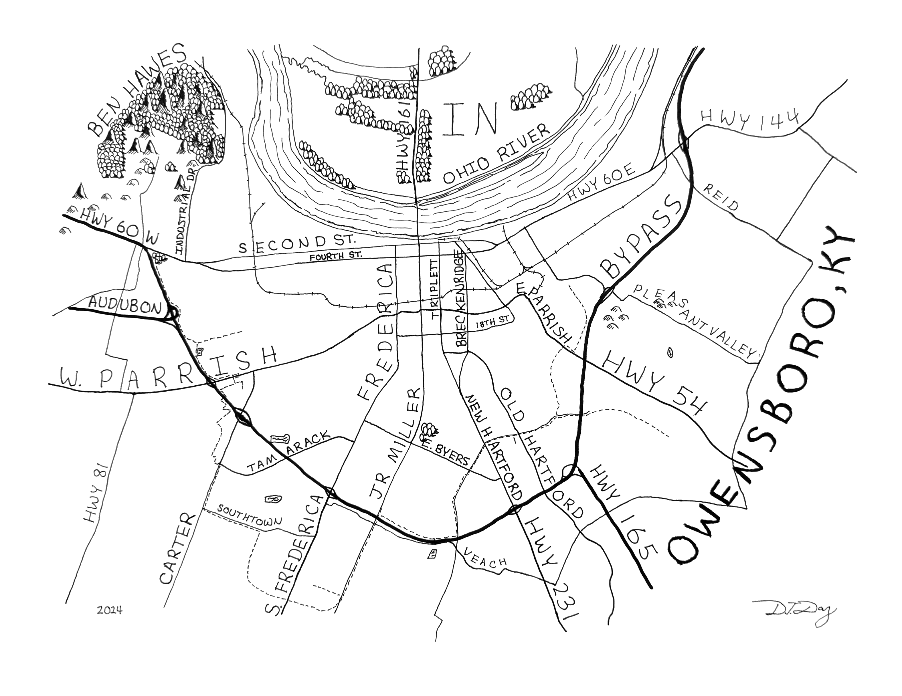 Owensboro Map Illustration – Hand-Drawn by Dexter Day